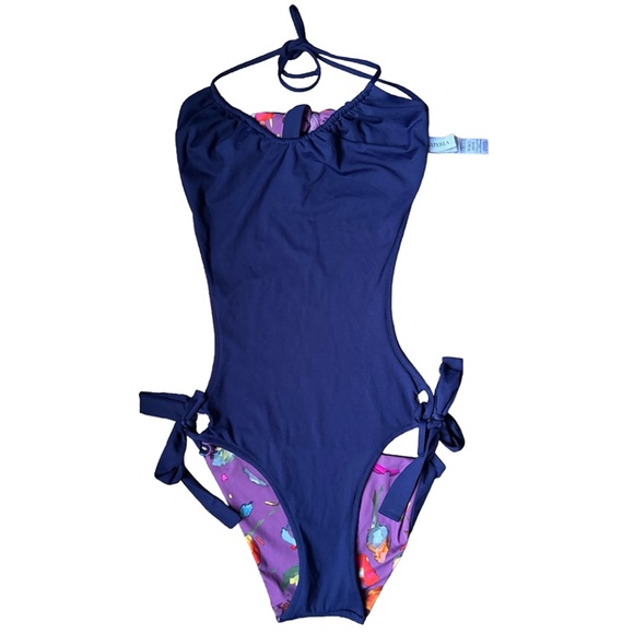 La Perla Reversible Monokini Swim Suit Blue Floral Small 32B - Picture 3 of 6